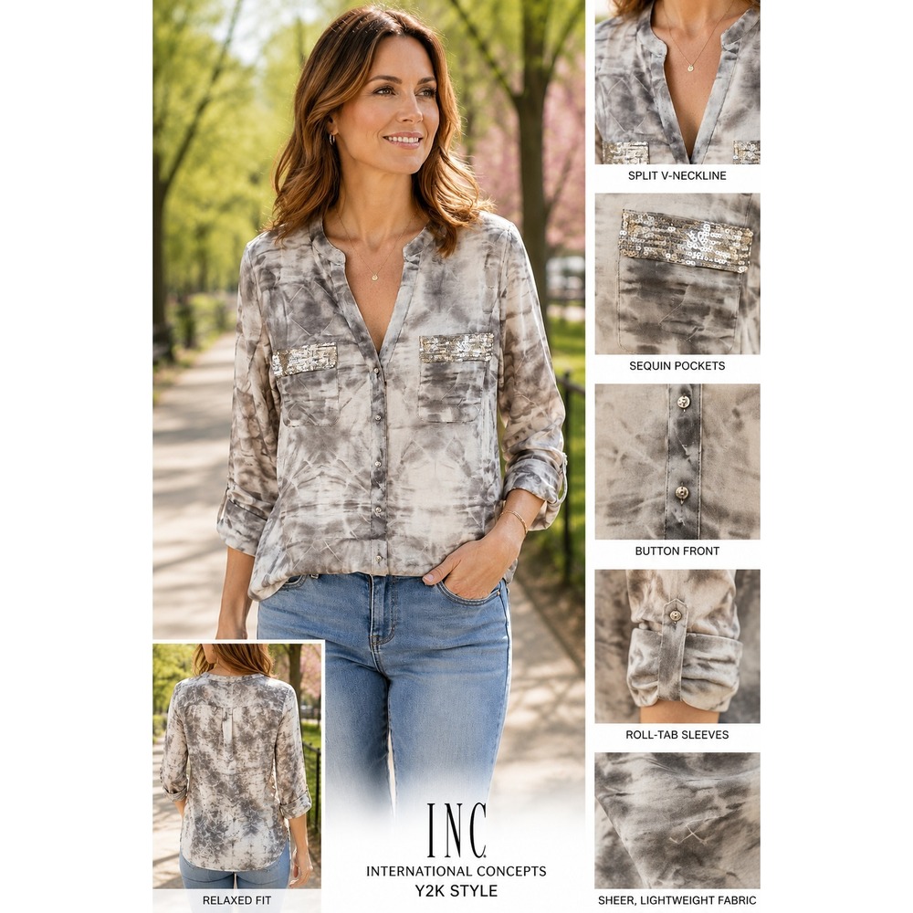 Y2k INC International Concepts Women's Gray Tye Die Sheer Sequin Pocket Blouse L - Picture 2 of 6